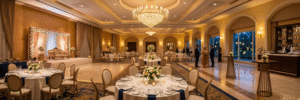 Elegant banquet hall setup with round tables, white linens, and modern gold-accented chairs under warm ambient lighting.