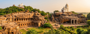 Scenic view of the ancient rock-cut Udayagiri and Khandagiri Caves